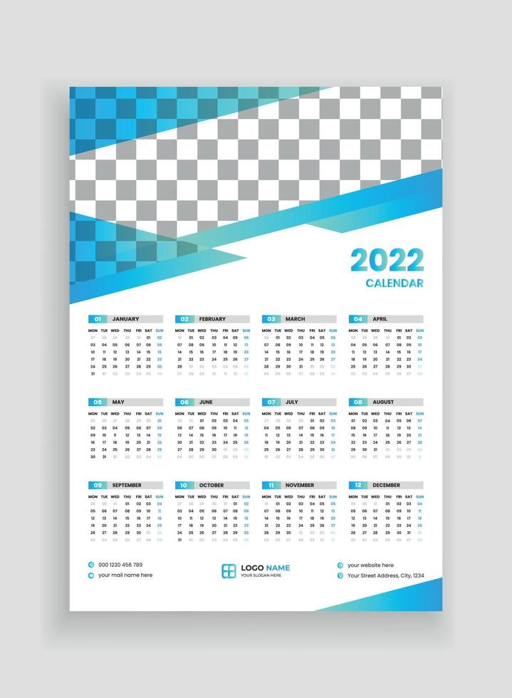 Conception de calendrier mural d'une page 2022. Conception de calendrier mural 2022. Conception de calendrier du nouvel an 2022. La semaine commence le lundi. modèle de calendrier annuel 2022 vecteur