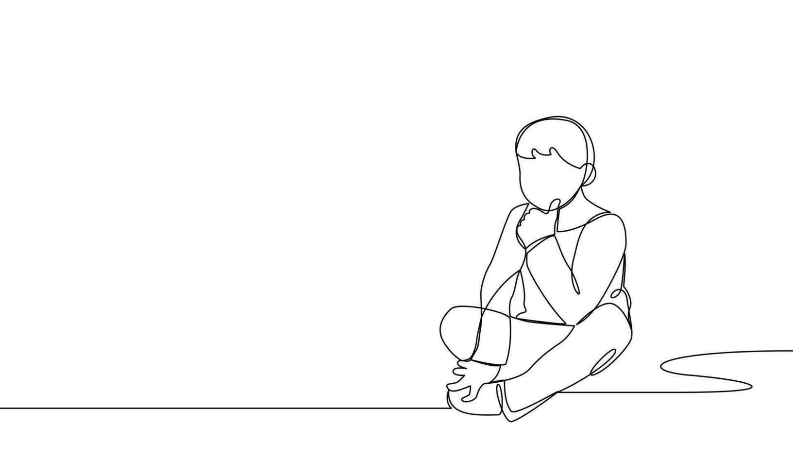 un continu ligne dessin de une garçon. séance sur le sol, lit, réfléchi enfant. vecteur contour illustration
