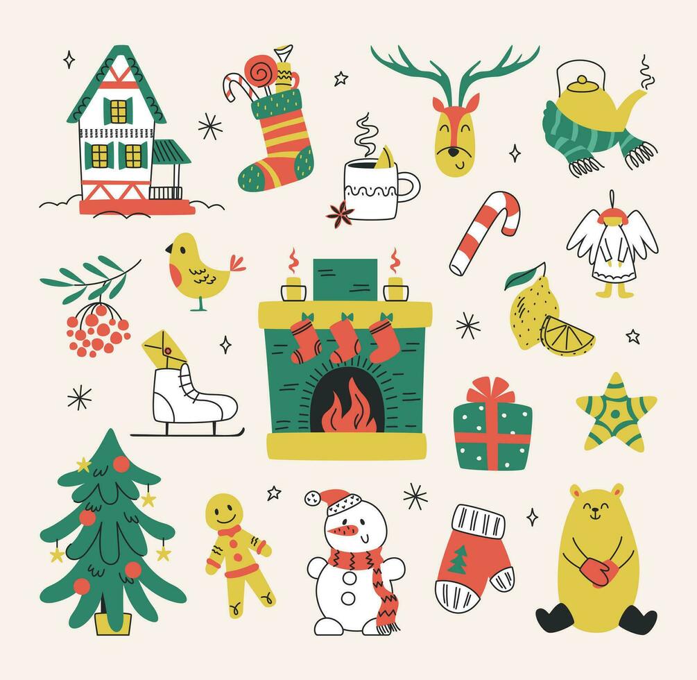 hiver ensemble de éléments, décorations, à main levée tiré avec lignes. Noël, vacances, Nouveau an. vecteur illustration isolé