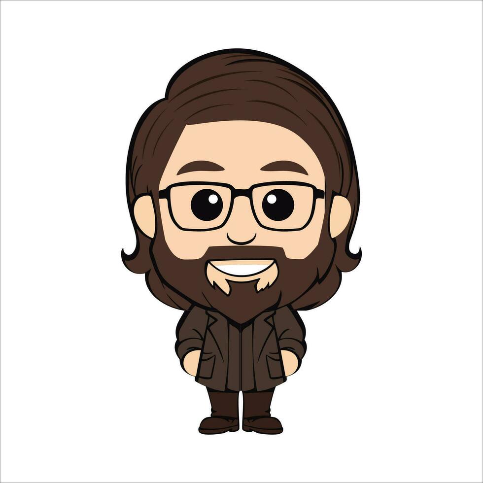 mignonne homme portant verre avec barbe longue et marron cheveux dessin animé vecteur illustration