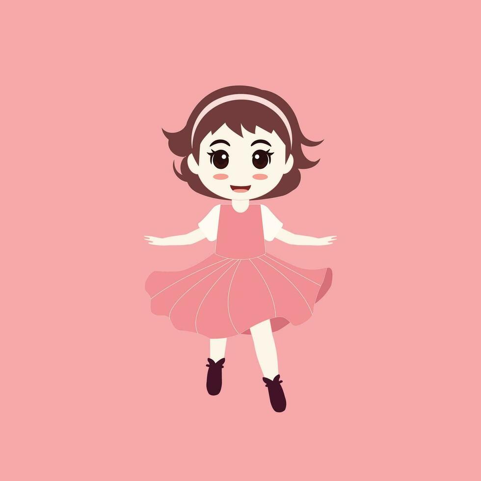 joyeux élégance dessin animé personnage de une content femme dans une mignonne robe vecteur