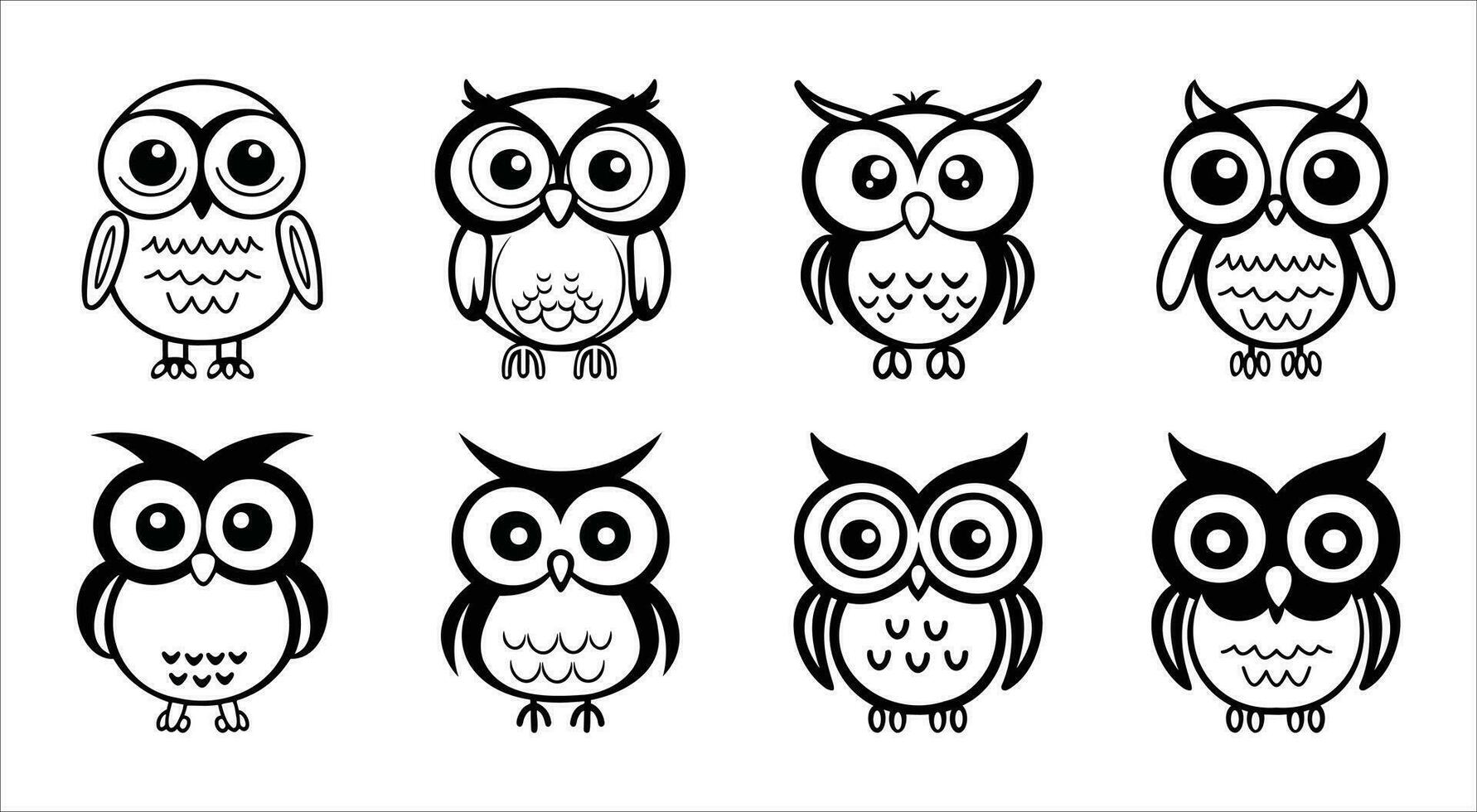 ensemble de hibou diriger, noir et blanc contour vecteur, pour logo, imprimer, tatouage, coloration page pour enfant vecteur