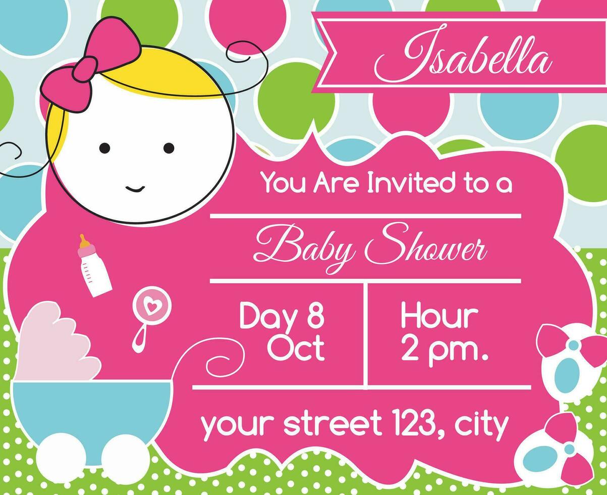 mignonne bébé douche invitation carte. bébé fille accessoires rose vecteur