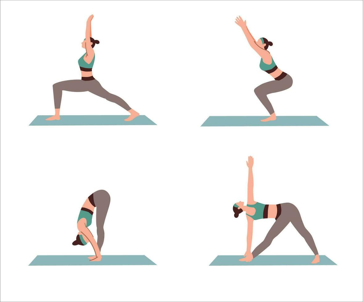 ensemble de Jeune femme Faire yoga faire de l'exercice isolé blanc Contexte plat vecteur illustration. yoga à Accueil pour en bonne santé vie.