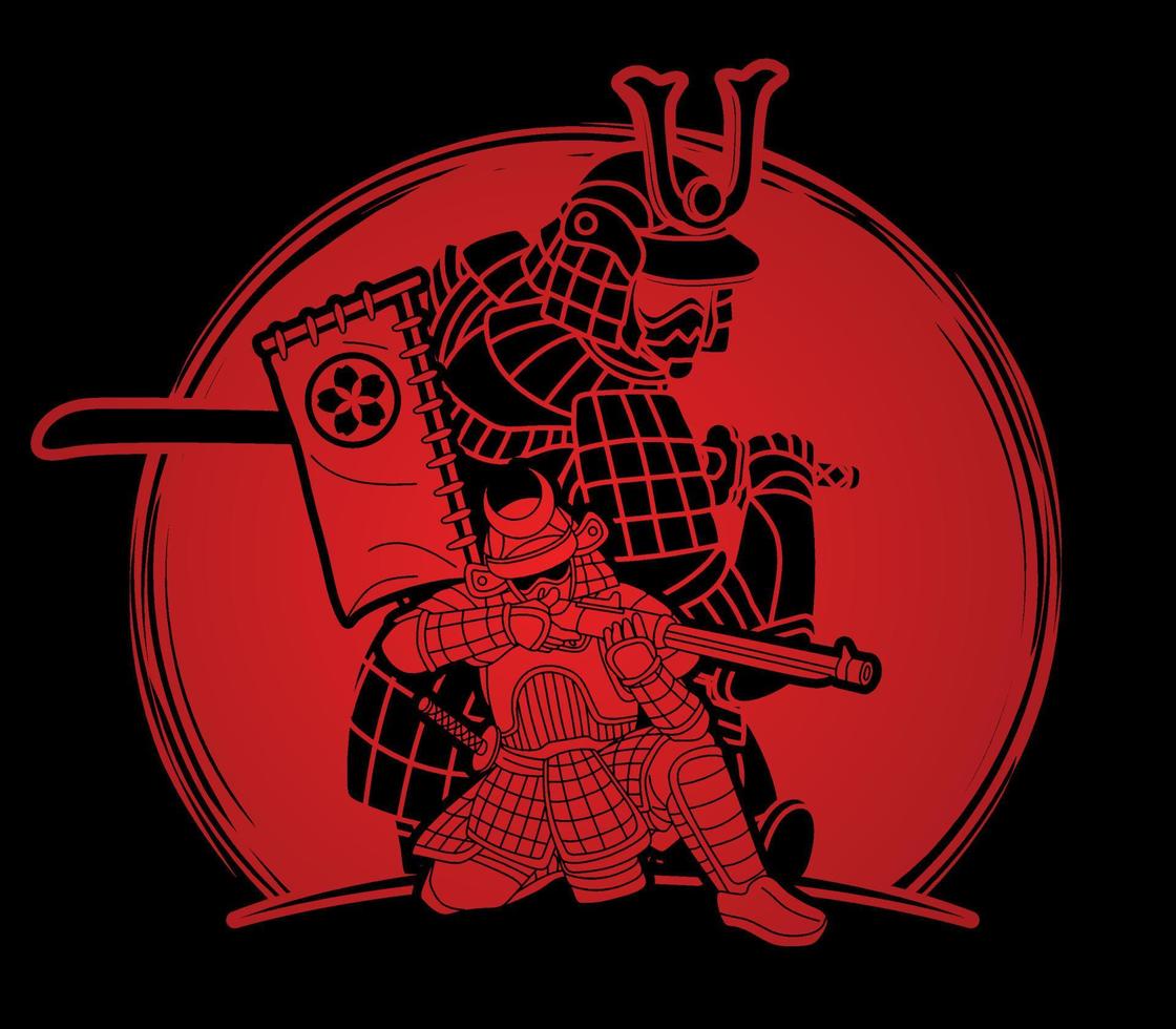 action de guerrier samouraï avec vecteur graphique de dessin animé armure et arme