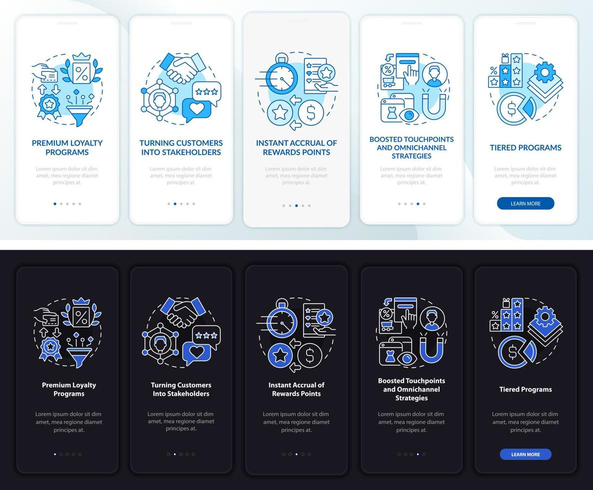 tendance du système de fidélité écran de page d'application mobile d'intégration sombre et clair vecteur