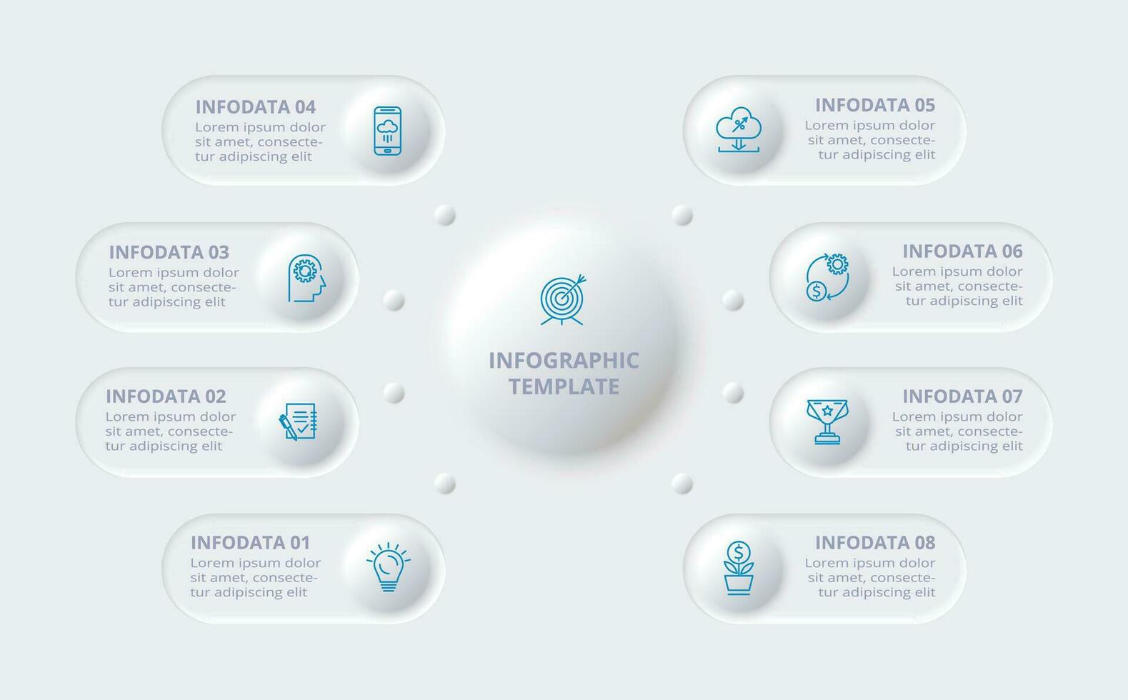 neumorphique organigramme infographie. Créatif concept pour infographie avec 8 pas, choix, les pièces ou processus. modèle pour diagramme, graphique, présentation et graphique. vecteur