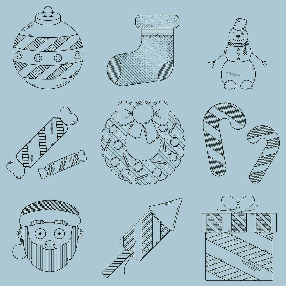 collection de Nouveau années Icônes dans noir et blanc, dessin animé style.santa Claus, bonhomme de neige, Noël couronne, neuve années stockage, bonbons, bonbons canne, neuve années Balle décoration, cadeau dans une boîte,feux d'artifice fusée. vecteur