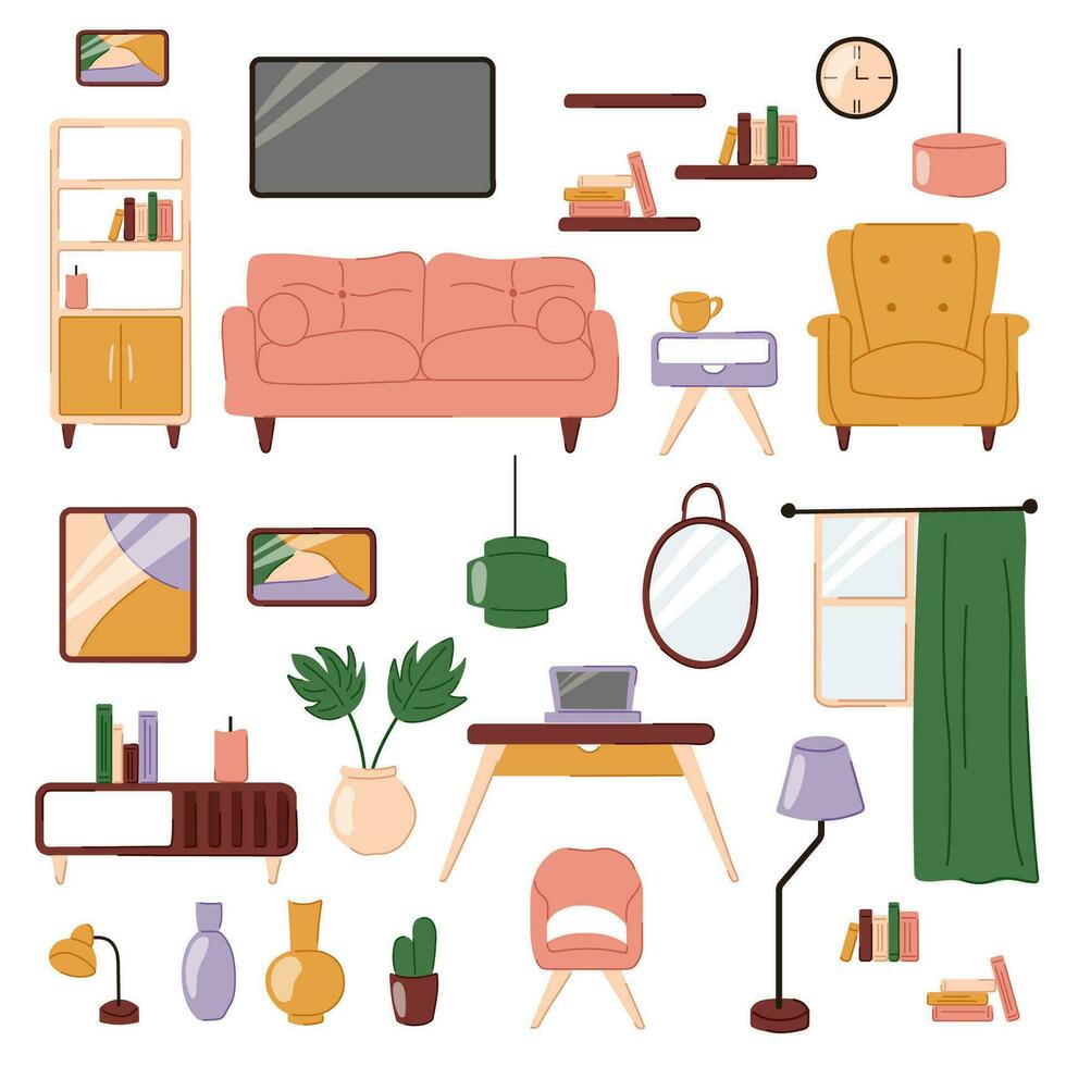 vivant pièce intérieur ensemble dans plat conception. canapé, fauteuil, plante d'appartement, café tableau, bougies, chaise, sol lampe, bureau et autre. vecteur illustration isolé sur une blanc Contexte.