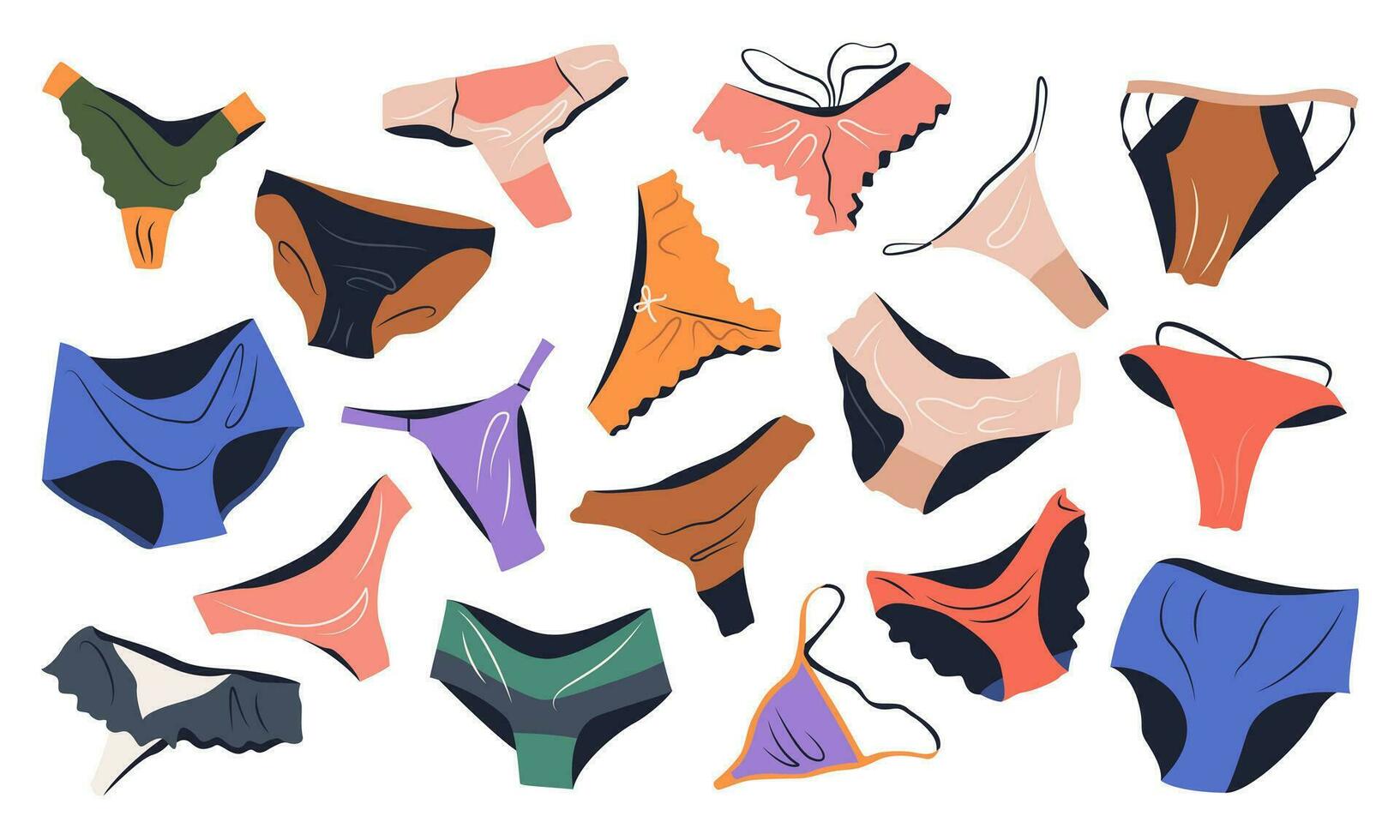 ensemble de culotte, sous-vêtements pour femmes. mode collection avec divers les types de sous-vêtements. chaîne, lanière, Tanga, bikini. isolé dessin animé vecteur des illustrations avec lingerie sur blanc Contexte.