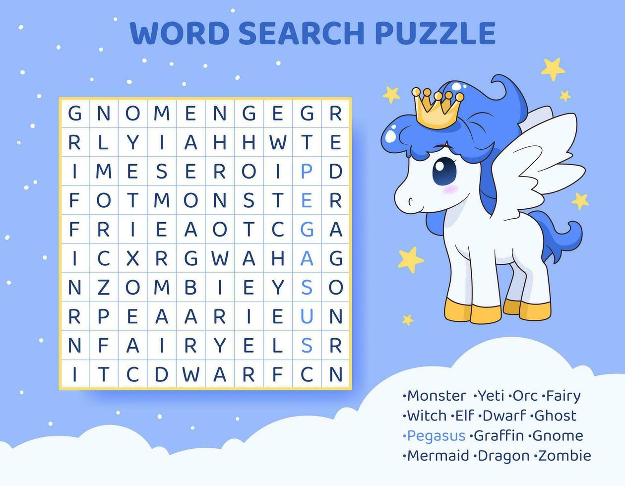 mot chercher puzzle avec magique créatures et animaux. éducation Jeu pour les enfants. coloré mots croisés pour apprentissage Anglais langue. dessin animé orthographe puzzle. tester pour enfants. vecteur illustration.