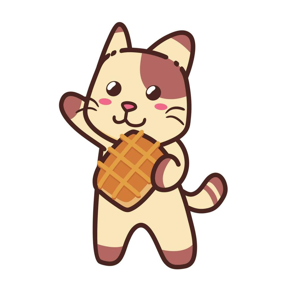 mignonne adorable content marron chat manger pain grillé gaufre dessin animé griffonnage vecteur illustration plat conception style