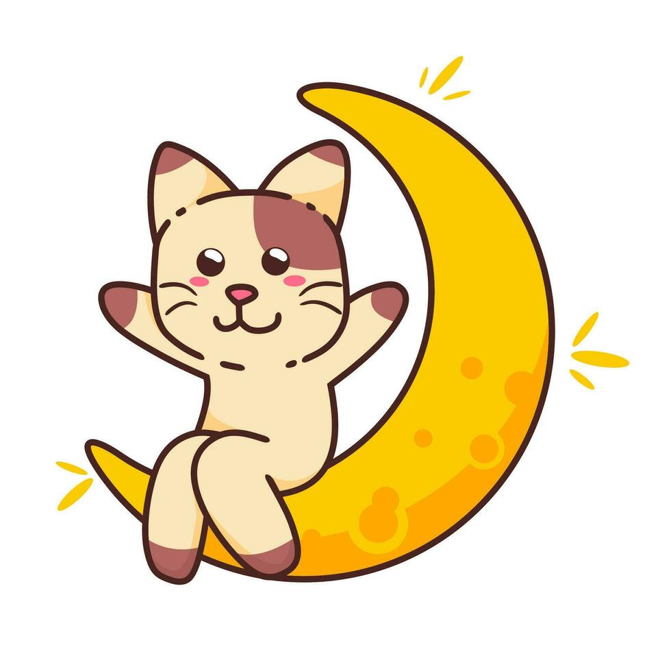 mignonne adorable content marron chat séance sur croissant moitié lune dessin animé griffonnage vecteur illustration plat conception style