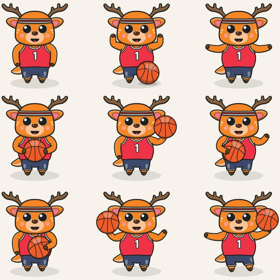 cerf basketball ensemble. marrant cerf Faire basket-ball. mignonne dessin animé personnage vecteur ensemble isolé sur une blanc Contexte. dessin animé animal sport. animal dessin animé.