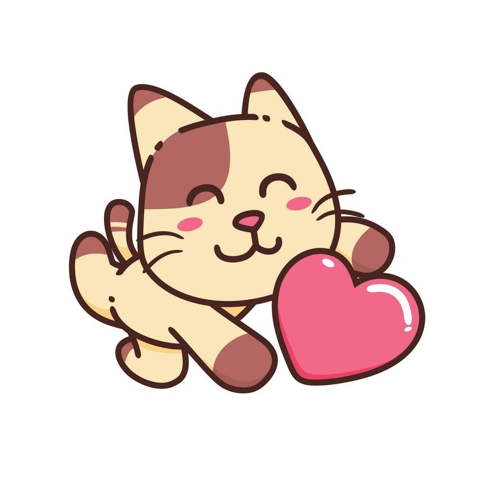 mignonne adorable content marron chat courir capture rose l'amour cœur personnage dessin animé griffonnage vecteur illustration plat conception style