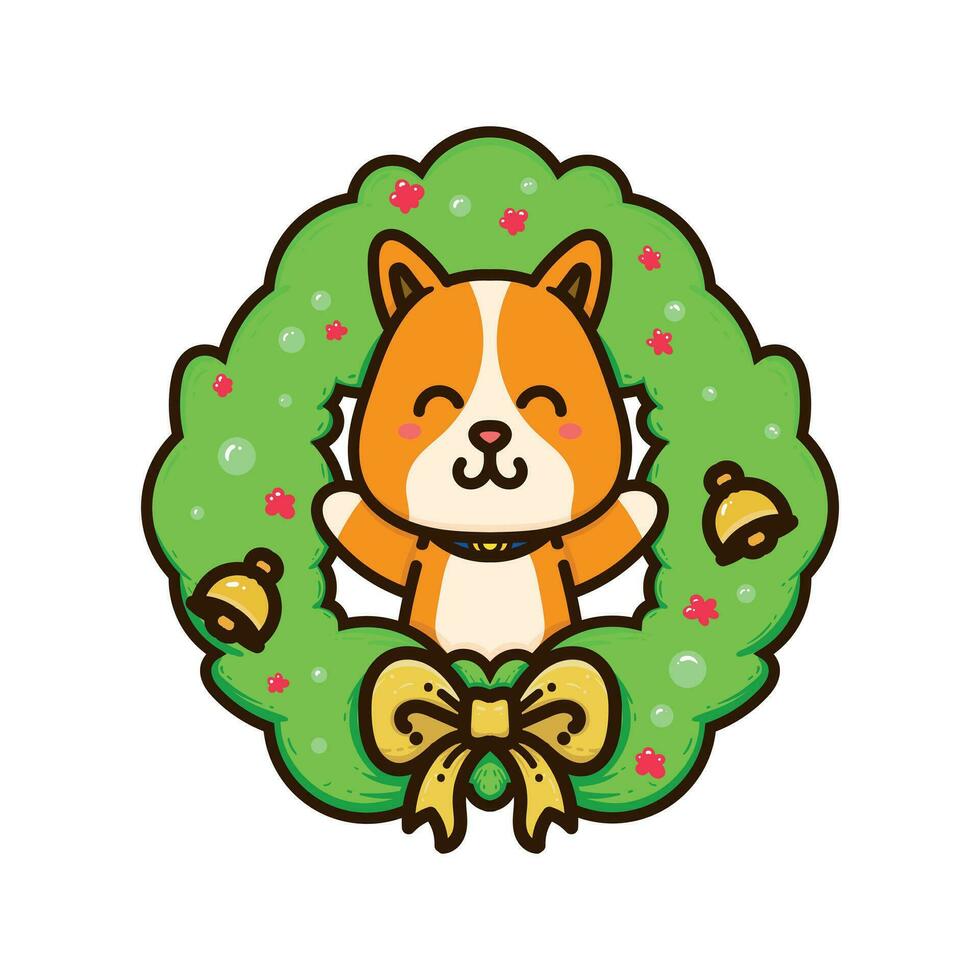 content chien mignonne et vert Noël bague adorable dessin animé griffonnage vecteur illustration plat conception style