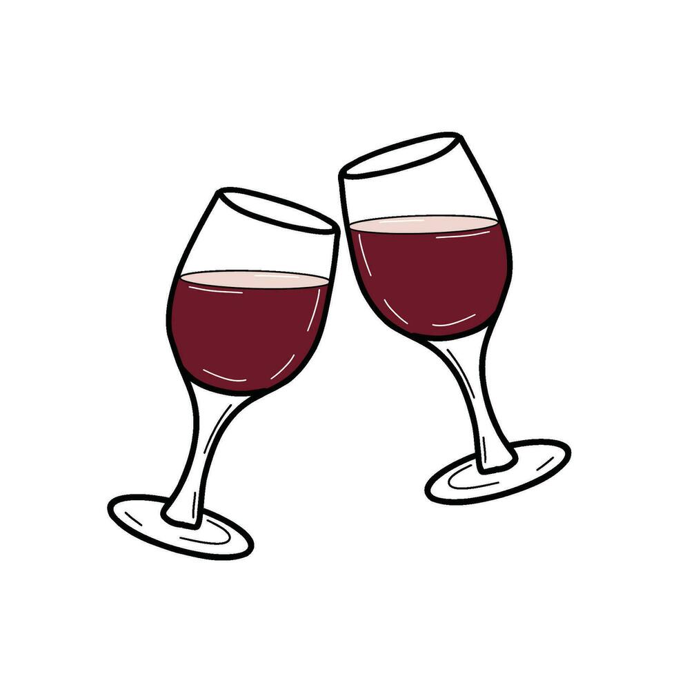 deux rouge du vin lunettes. vecteur plat main tiré illustration, coloré. de l'alcool boisson verrerie griffonnage.