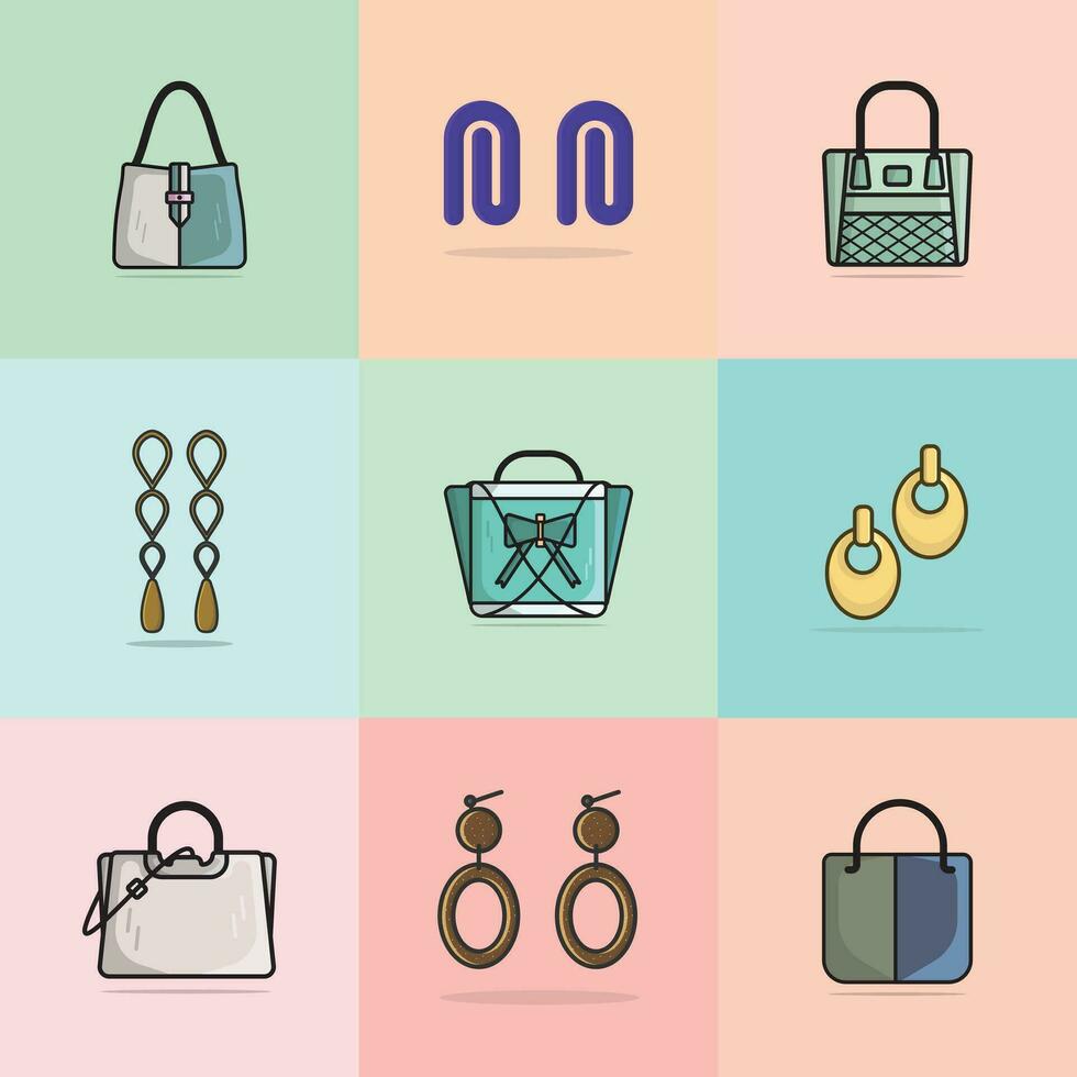 collection de 9 luxe femmes événements sacs à main et Dame des boucles d'oreilles avec gemme vecteur illustration. beauté mode objets icône concept. ensemble de les filles mode accessoires vecteur conception.