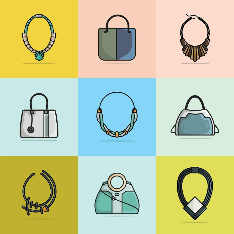 ensemble de 9 cou colliers et magnifique sacs à main conception vecteur illustration. beauté mode objets icône concept. ensemble de femmes mode bijoux accessoires vecteur conception.