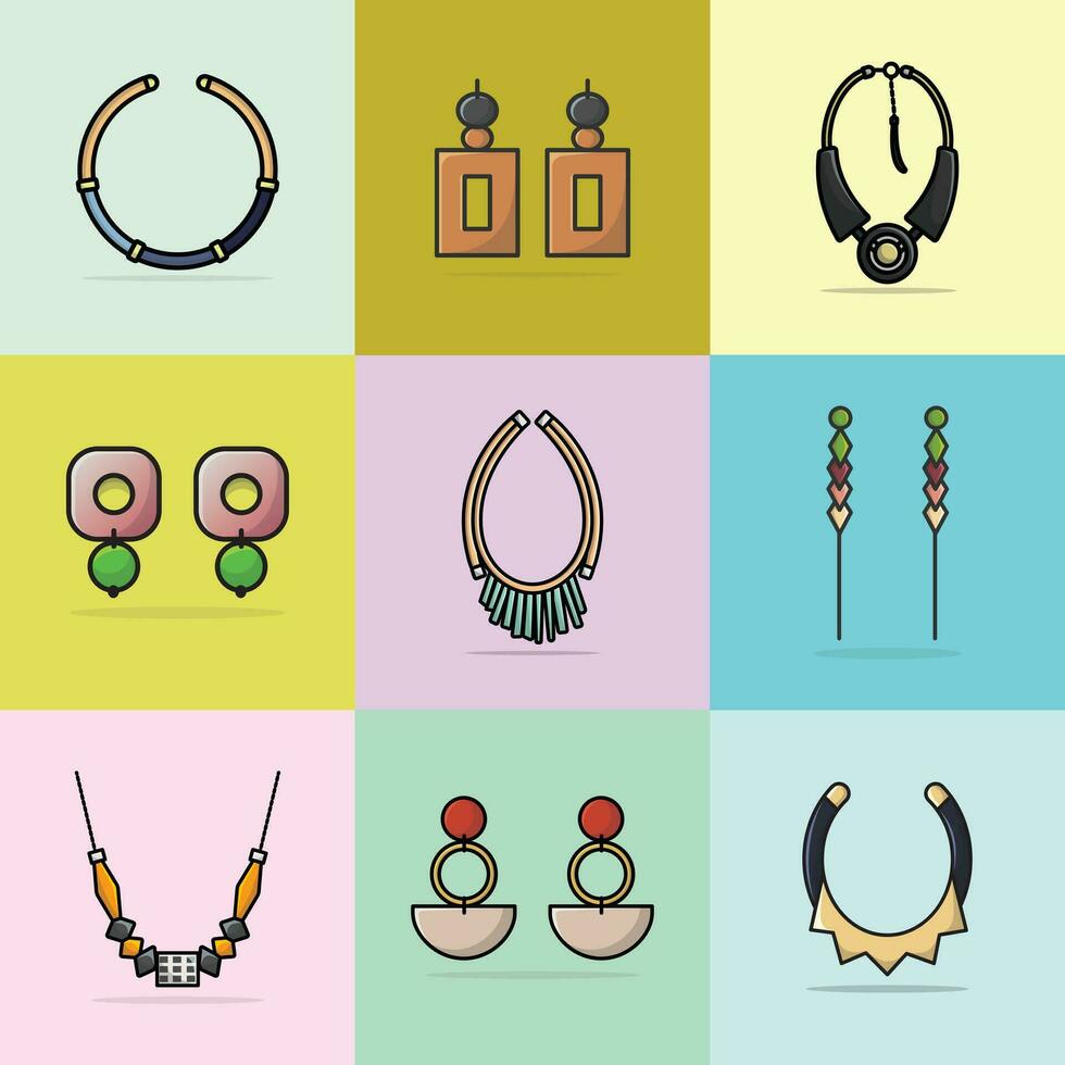 collection de 9 moderne designer cou colliers et coloré des boucles d'oreilles vecteur illustration. beauté mode objets icône concept. ensemble de femmes mode conception accessoires vecteur conception.