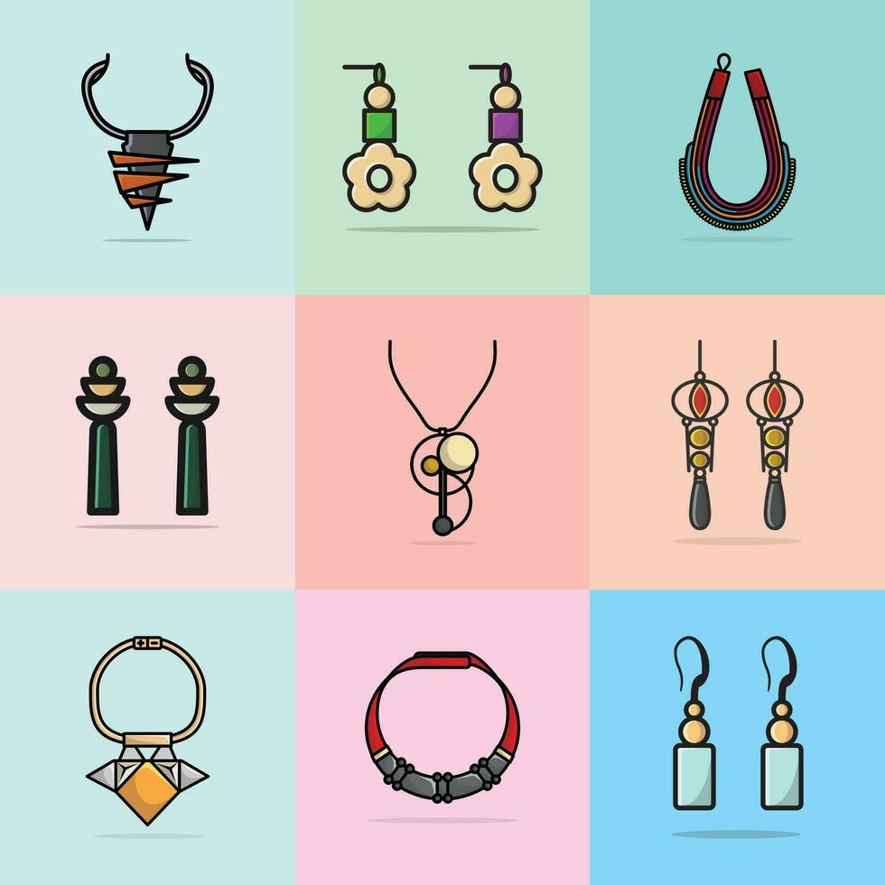 collection de femmes branché coloré des boucles d'oreilles bijoux et luxe colliers vecteur illustration. beauté mode objets icône concept. ensemble de branché femmes mode conception accessoires vecteur conception.