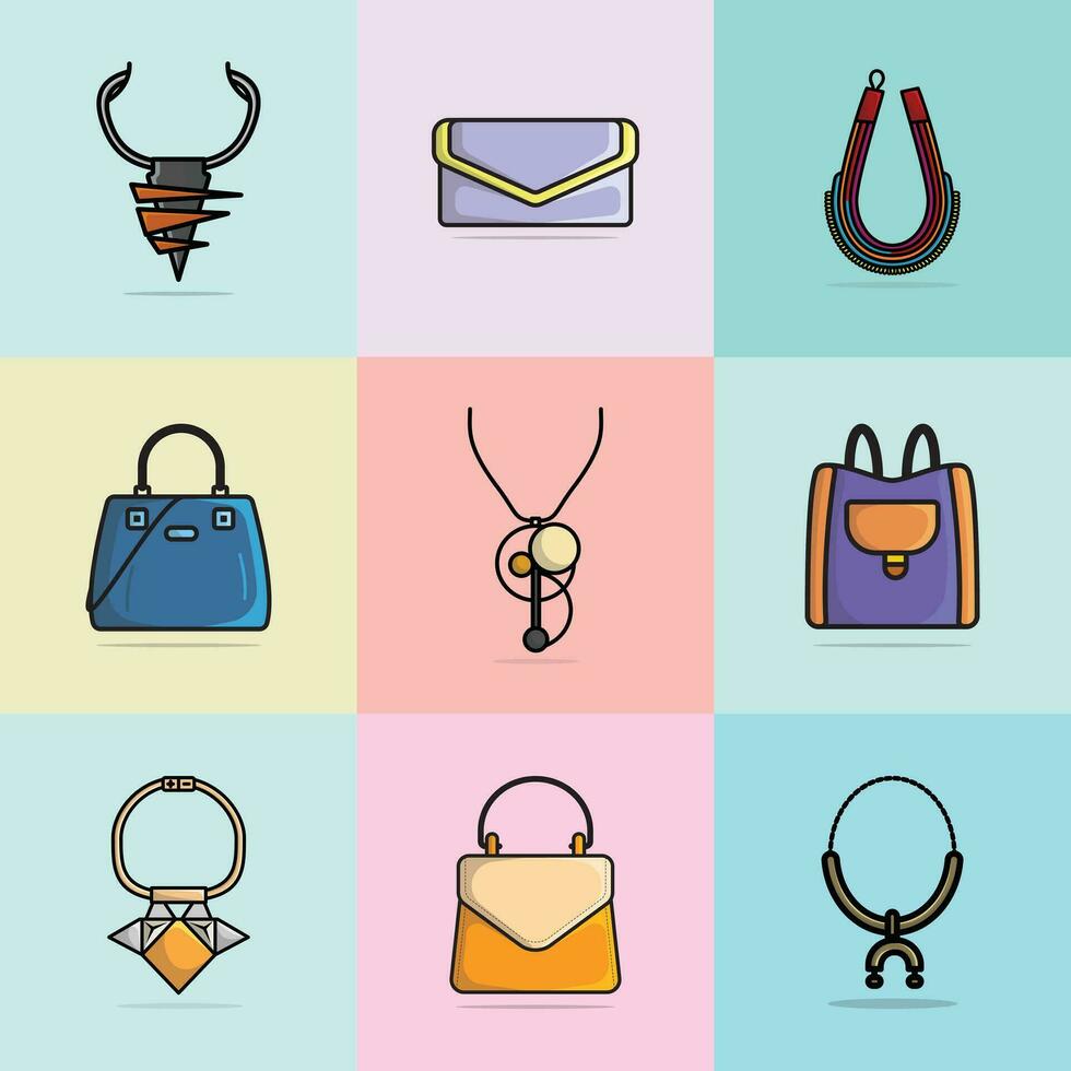 collection de 9 femmes branché coloré cou colliers et luxe sacs à main vecteur illustration. beauté mode objets icône concept. ensemble de branché femmes mode bijoux accessoires vecteur conception.