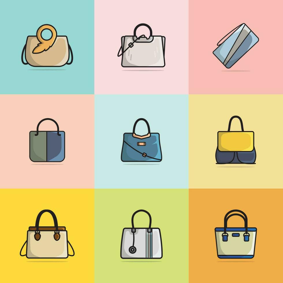 collection de 9 les filles mode fête sacs à main vecteur illustration. beauté mode objets icône concept. ensemble de élégant Dames brillant cuir sac vecteur conception sur coloré Contexte.