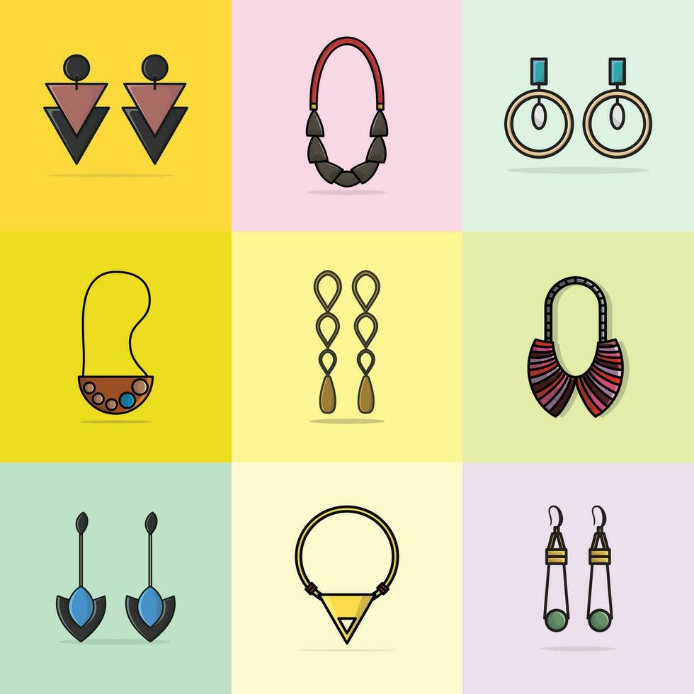 ensemble de bijoux des boucles d'oreilles et magnifique colliers conception vecteur illustration. beauté mode objets icône concept. ensemble de femmes mode conception bijoux accessoires vecteur conception.