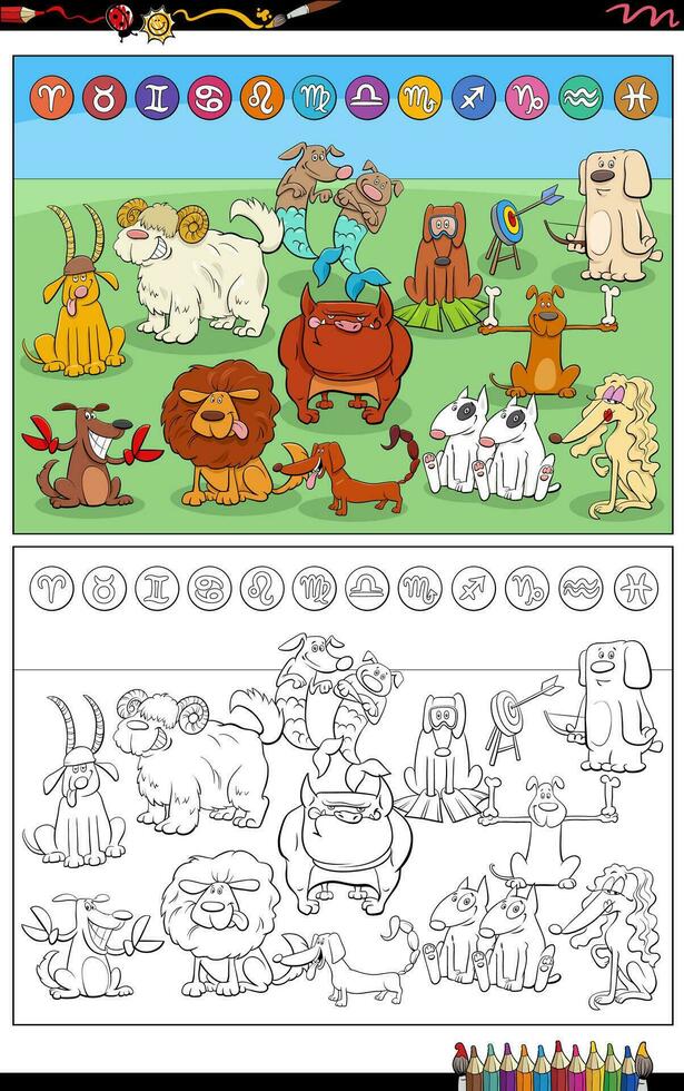 dessin animé chiens animal personnages comme zodiaque panneaux coloration page vecteur