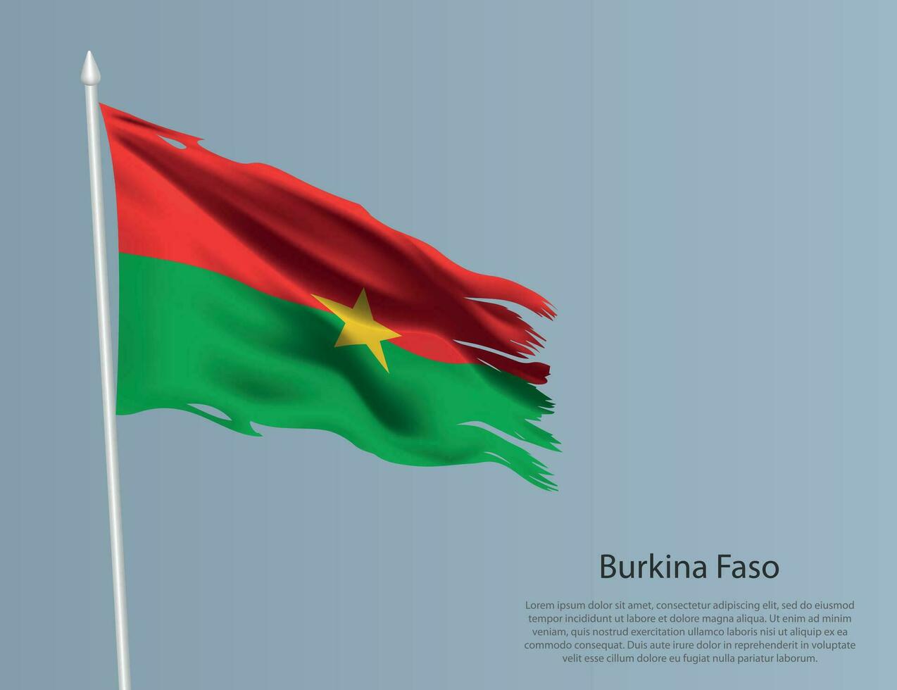 en lambeaux nationale drapeau de burkina faso. ondulé déchiré en tissu sur bleu Contexte vecteur