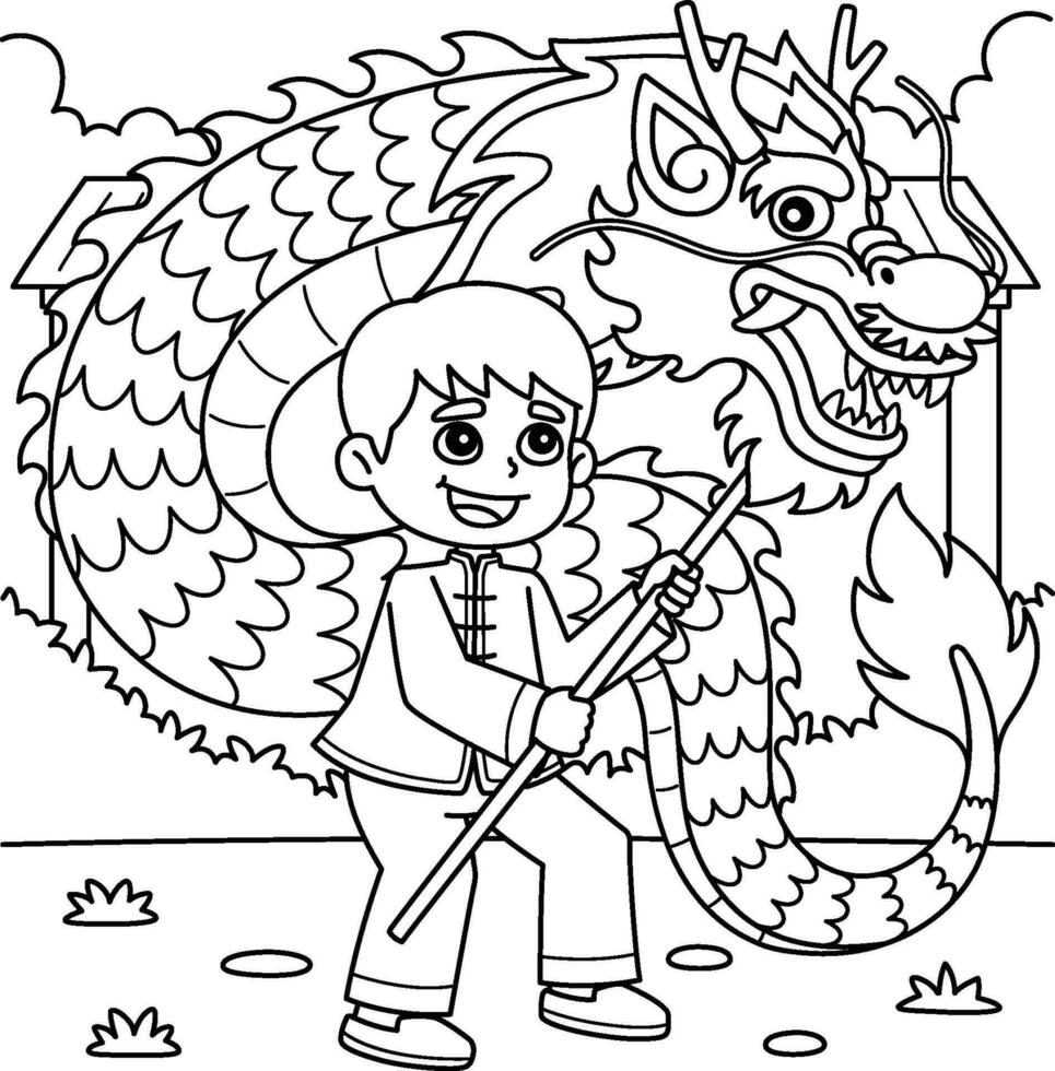 année de le dragon Danse des gamins coloration page vecteur
