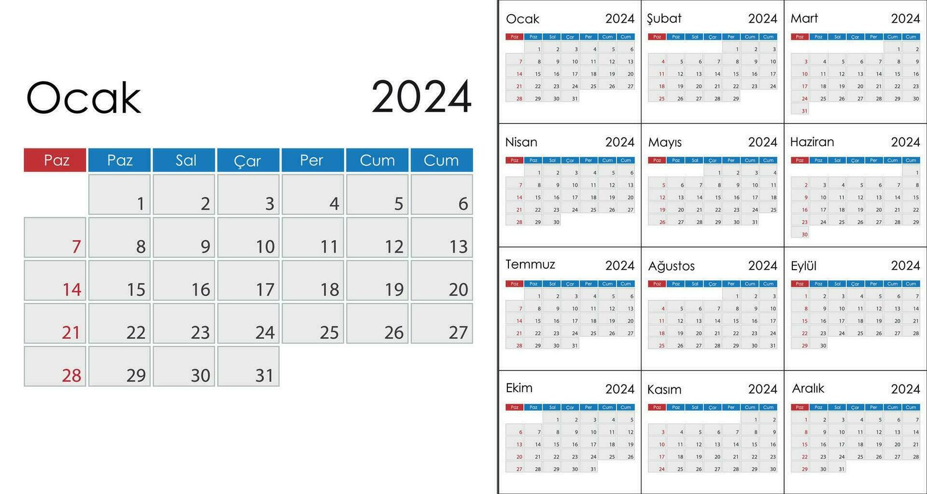 calendrier 2024 sur turc langue, la semaine début sur dimanche vecteur