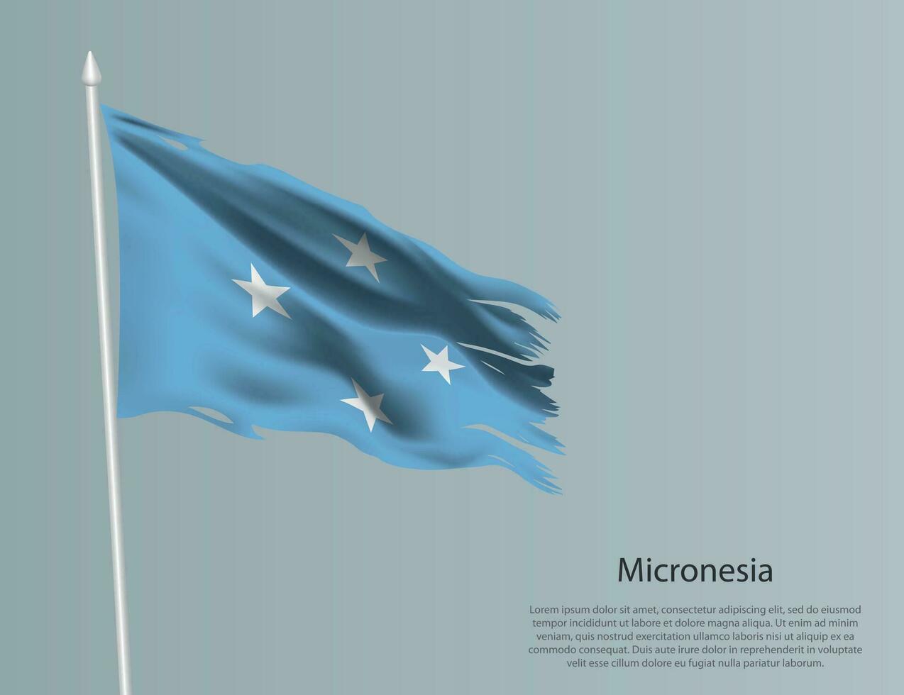 en lambeaux nationale drapeau de micronésie. ondulé déchiré en tissu sur bleu Contexte. vecteur