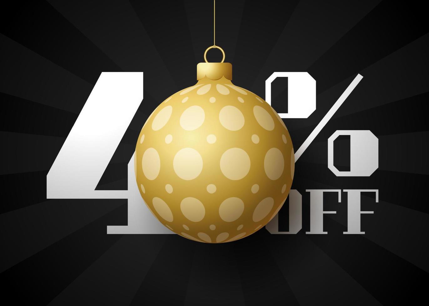 joyeux noël grande bannière de vente. vente de noël de luxe 40 pour cent de réduction sur le modèle de bannière royale noire avec une boule dorée décorée accrochée à un fil. bonne année et noël vector illustration