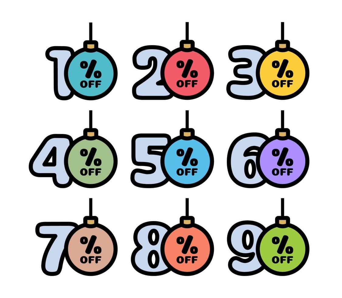 ensemble d'étiquettes de réduction 10,20,30,40,50,60,70,80,90 pour cent de réduction en forme de boules de Noël aux couleurs traditionnelles. offre de réduction pour les vacances d'hiver. illustration vectorielle vecteur