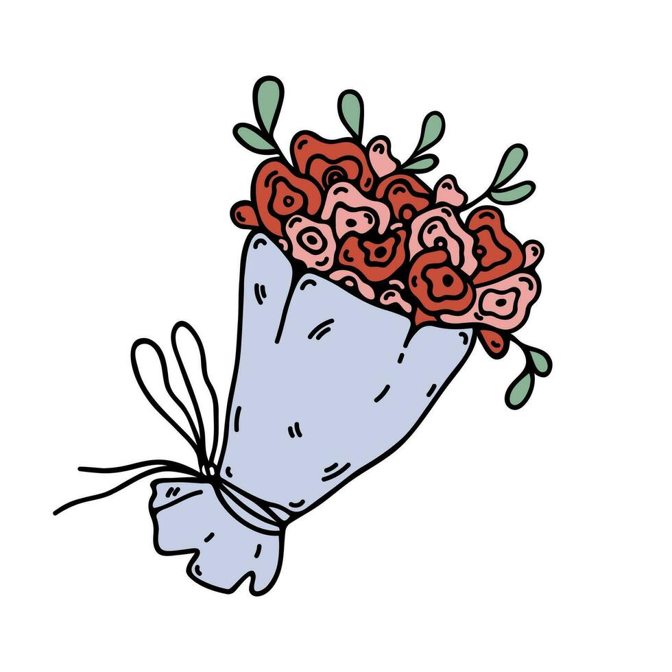 bouquet de rouge et rose des roses, vecteur icône. une brillant bouquet de magnifique les plantes avec fleurs, bourgeons, feuilles dans emballage papier. main tiré griffonnage isolé sur blanche. cadeau pour mariage, date, valentines journée