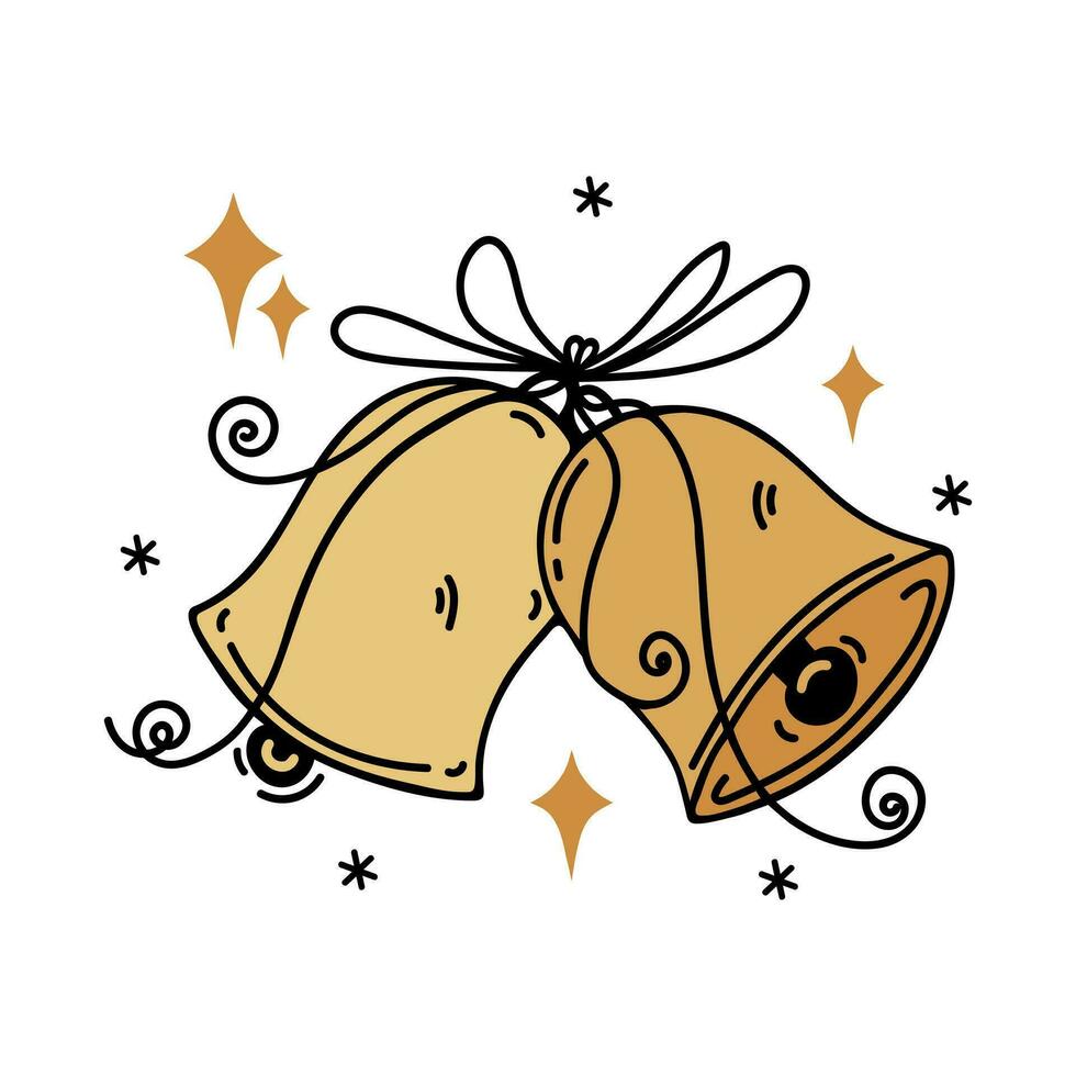 d'or tinter cloches vecteur icône. une paire de brillant sonnerie jouets lié avec une arc. brillant symbole de Noël, Nouveau année, vacances. mignonne de fête décoration. griffonnage isolé sur blanche. plat dessin animé clipart