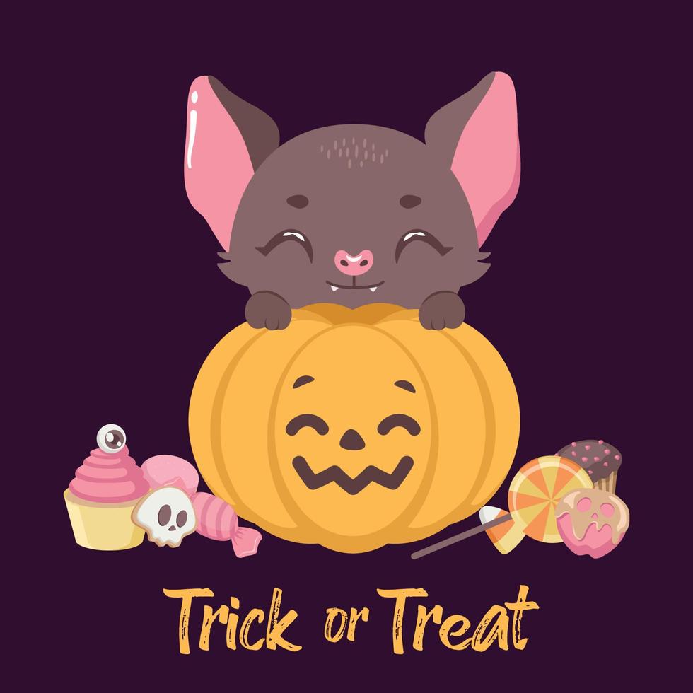 Halloween trick or treat salutation avec une jolie petite chauve-souris vecteur