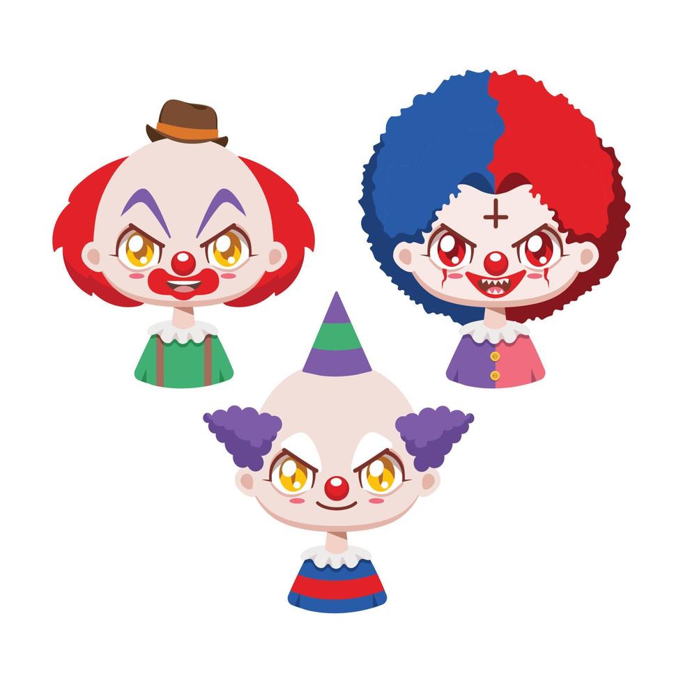 collection de trois clowns effrayants de dessins animés vecteur