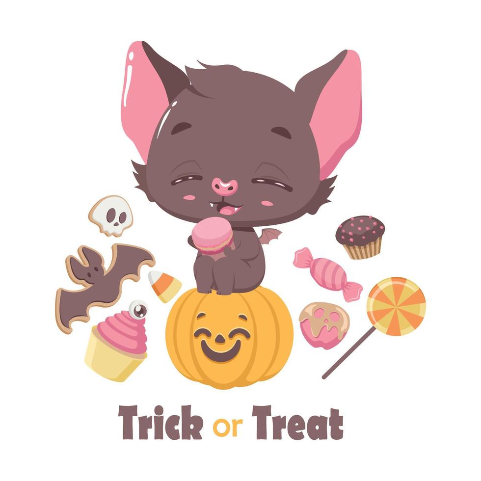 Halloween trick or treat carte de voeux avec une jolie chauve-souris et des bonbons vecteur