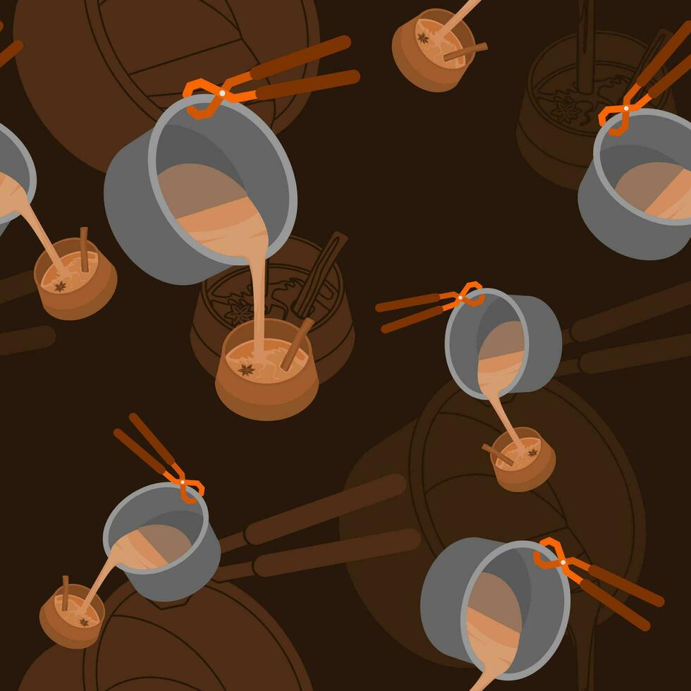 modifiable trois quarts Haut vue de verser Masala chai de la poêle dans poterie tasse vecteur illustration sans couture modèle avec foncé Contexte pour Sud asiatique breuvages culture et tradition