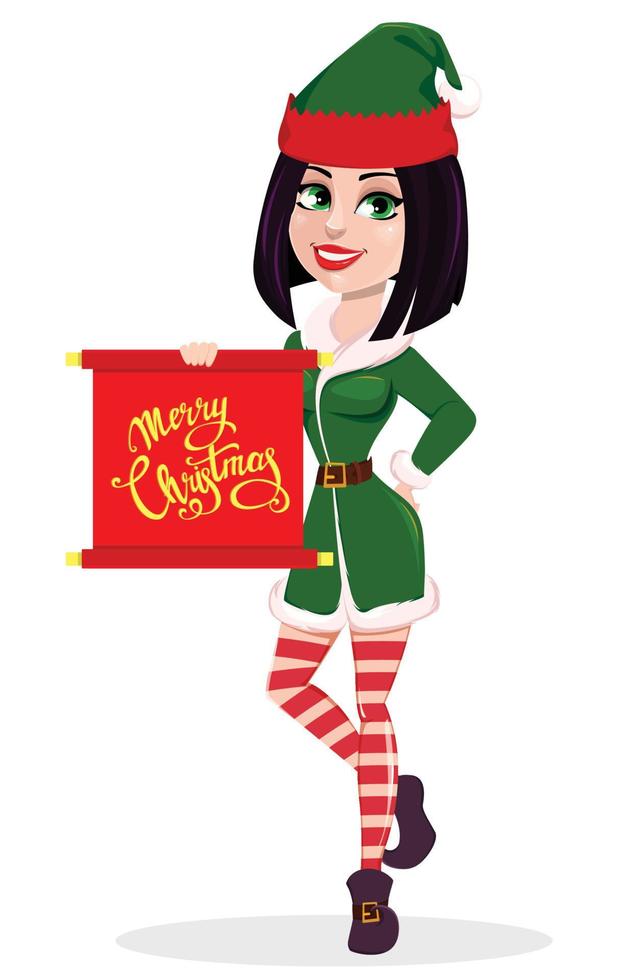 joyeux Noël. femme elfe tenant un parchemin avec des salutations. vecteur