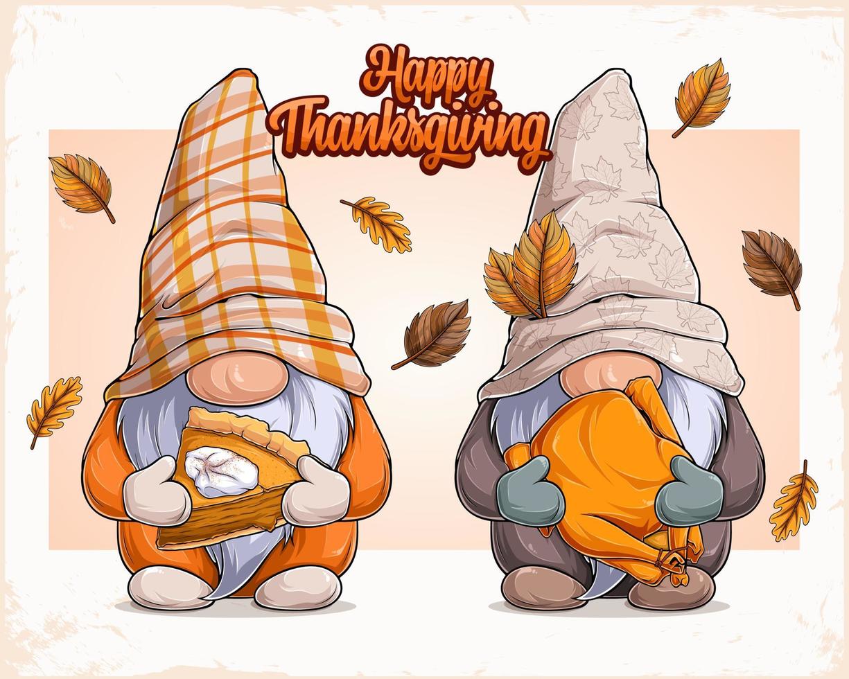 gnomes mignons dessinés à la main dans un déguisement de Thanksgiving tenant une tarte à la citrouille et une dinde glacée vecteur