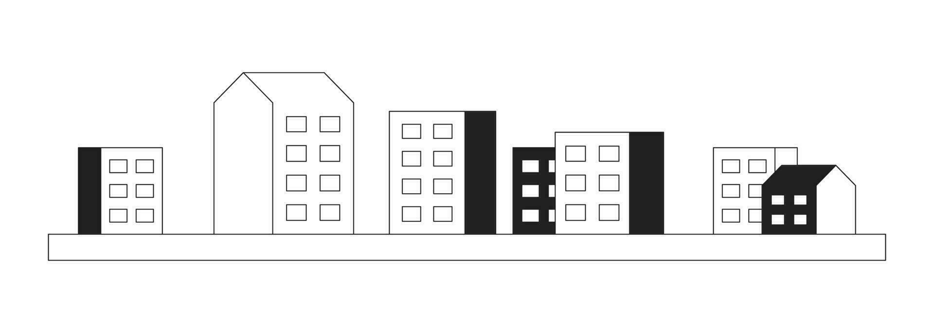 appartement complexe noir et blanc 2d dessin animé objet. Résidentiel zone. bloquer de appartements isolé vecteur contour article. condominium ville. haute monter bâtiments Urbain monochromatique plat place illustration