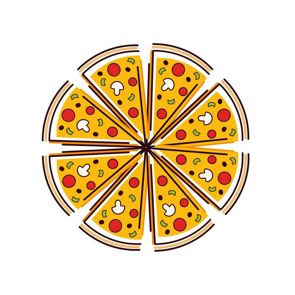 haché Pizza icône. vite nourriture vecteur illustration.iisolated sur blanc Contexte. entier Pizza. non la norme Coupe. oignon, basilic, champignon, saucisse, épices, tomate.