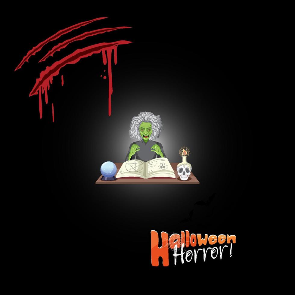 logo de mot d'horreur halloween avec personnage de sorcière vecteur