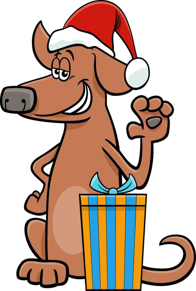 chien de dessin animé drôle avec cadeau à Noël vecteur