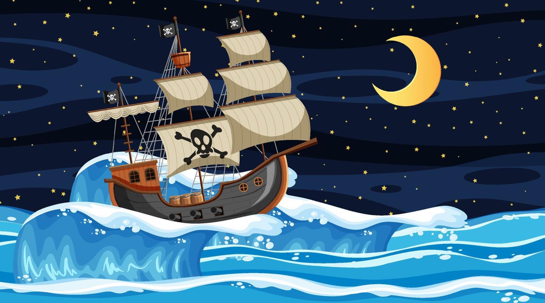 scène de l & # 39; océan la nuit avec un bateau pirate en style cartoon vecteur