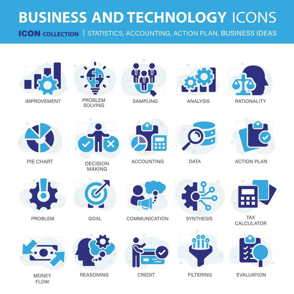 Icônes collection pour affaires et gestion. concept Icônes pour statistiques, comptabilité, action plan et affaires idées. plat vecteur illustration