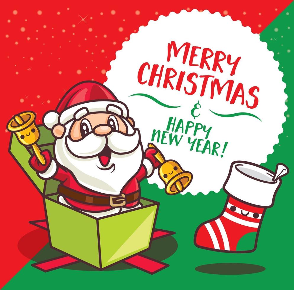 joyeux Noël. dessin animé mignon père noël tenant des cloches de noël s'asseoir à l'intérieur du cadeau présent souhaitant joyeux noël vecteur